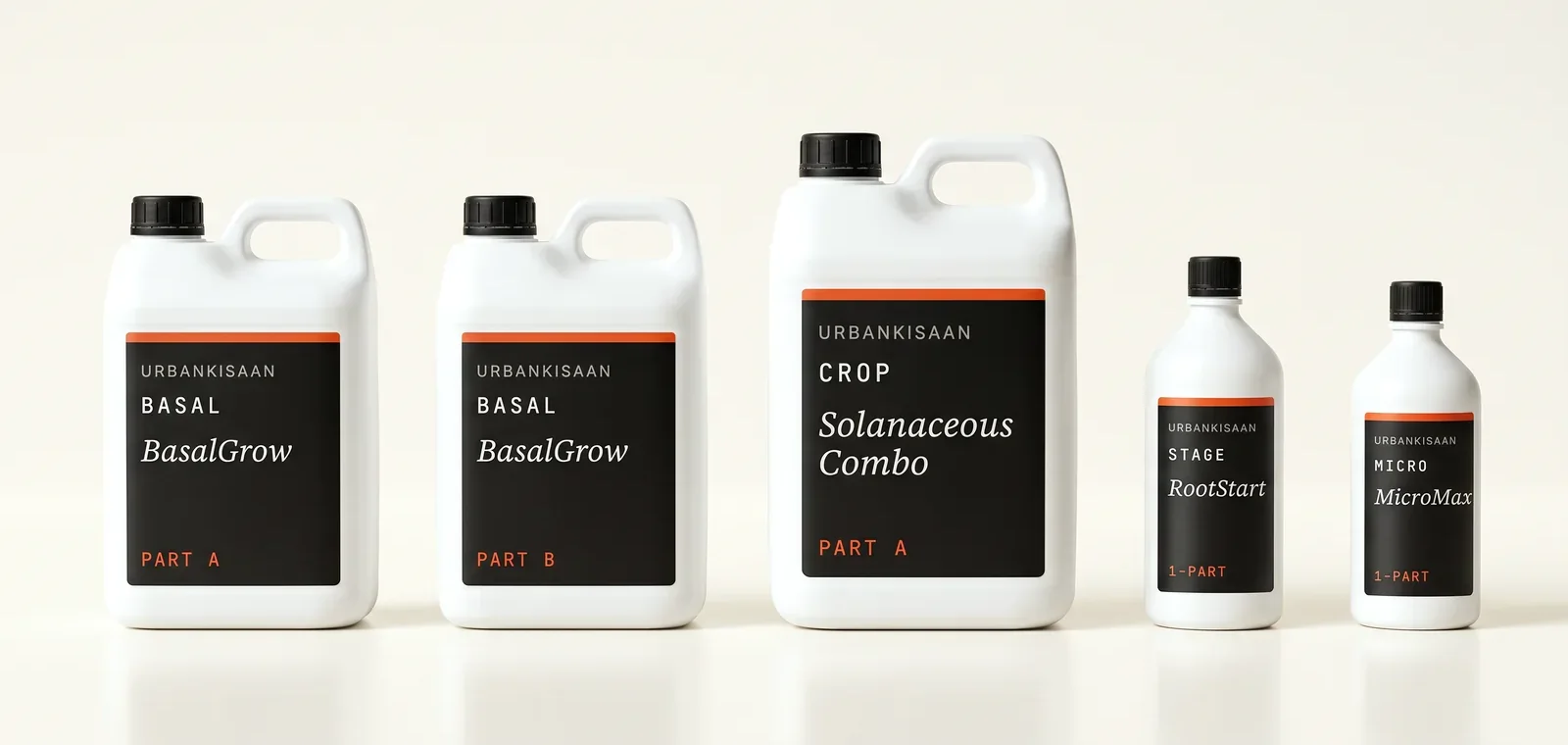 The UrbanKisaan liquid feed range: BasalGrow Part A and Part B, Solanaceous Combo Part A, RootStart Booster and MicroMax
