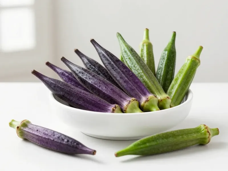 Purple and green okra pods in a white bowl